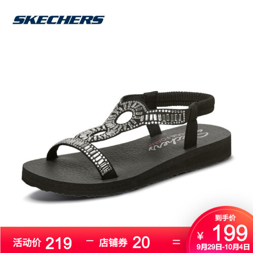 Skechers斯凯夏季舒适轻质女鞋 时尚松紧带一脚套凉鞋 甜美闪亮贴钻平底鞋31754 黑色/BLK 37