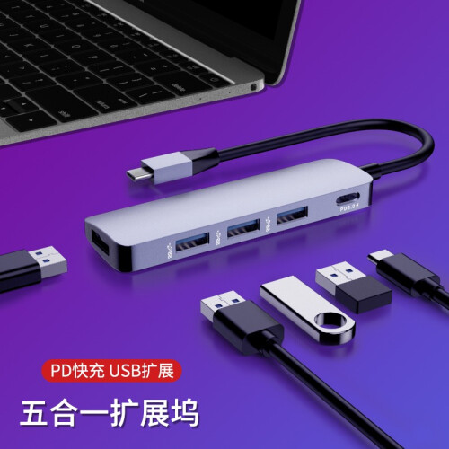 广仁德 Type-C拓展坞微软surface GO笔记本转换器华为/苹果USB-C扩展坞网口配件投影 type-C转4口USB3.0+PD充电【太空灰】