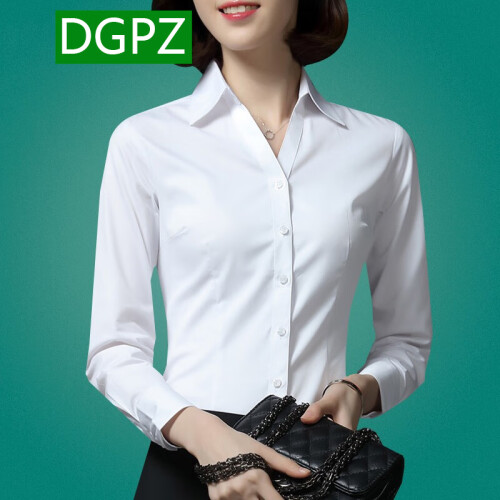 DGPZ2019年秋冬季新品翻领女装衬衫OL通勤职业V领衬衣女面试服修身显瘦免烫抗皱寸衣G1532 白色长袖 S（修身款可适当选择大一号）