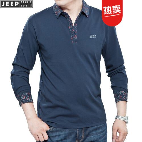 吉普JEEP男士长袖t恤男2019新品翻领商务休闲男装打底polo衫PS0107 蓝色 XL