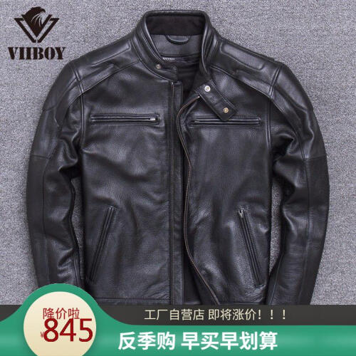 VIIBOY2019重磅机车服皮夹克青年男士头层纯牛皮真皮皮衣立领短款骑行摩托车服秋冬潮牌加厚皮外套 黑色 XL码