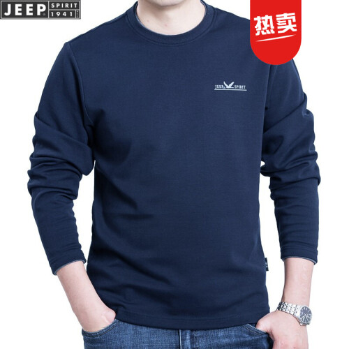 吉普JEEP男装长袖t恤男士2019新品圆领厚款休闲宽松体恤POLO打底衫 宝蓝TS0001 XL