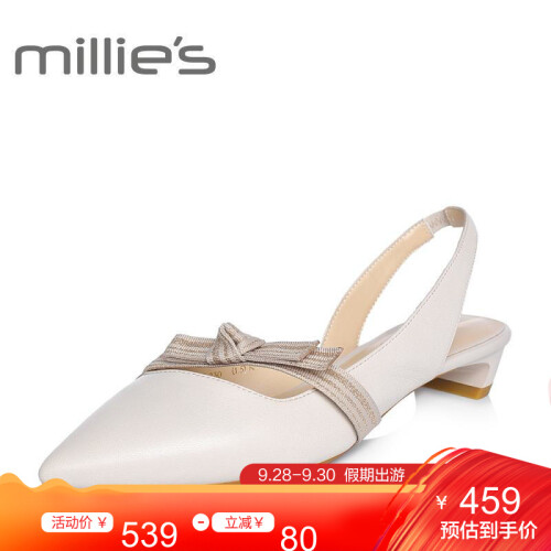 millie's/妙丽春专柜同款牛皮牛皮尖头时尚蝴蝶结时尚猫跟低跟通勤女单凉鞋LQ114AH8 米色 36