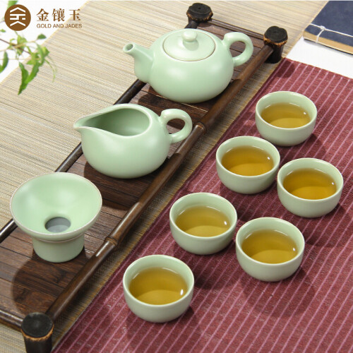 金镶玉 功夫茶具 汝瓷开片茶壶茶杯陶瓷茶漏整套 原矿仿宋汝窑怡然套组