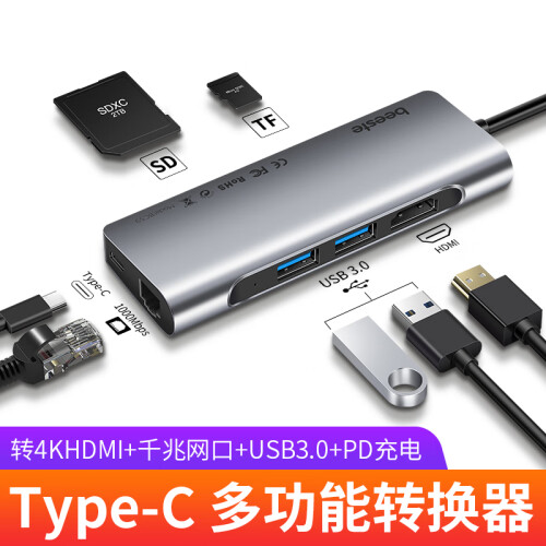 beeste macbook pro苹果电脑转换器type c扩展坞雷电3拓展坞转hdmi转接头 【千兆网口+HDMI+3.0USB+PD充】带线款