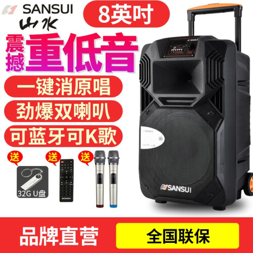 山水（SANSUI） SS1广场舞音响户外便携式移动拉杆音箱蓝牙小型舞台大功率重低音大声音带无线话筒 8英寸送2支话筒