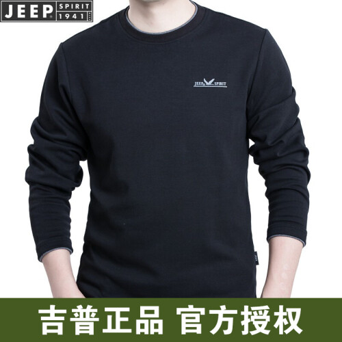 吉普JEEP长袖T恤男2019秋冬新品圆领商务中年男士POLO衫休闲男装长袖t恤厚 TS0001黑色 XL码建议155-175斤左右