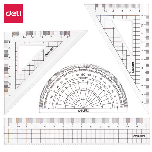 得力(deli)学生基础款直尺三角尺量角器绘图组合套尺4件套 72002