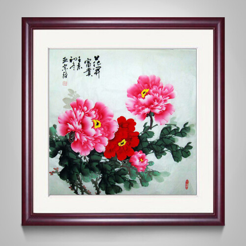 现代中式国画牡丹花开富贵墙画挂画壁画客厅餐厅卧室床头装饰画 图5 60*60cm红木色实木框