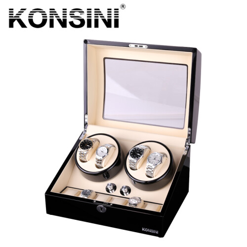 KONSINI摇表器机械表手表自动上弦器家用自动手表盒转表器马达盒摇摆晃表器收藏保养电动旋转节日礼物 4+6表位-黑色高光油漆+米黄皮+6静止表位