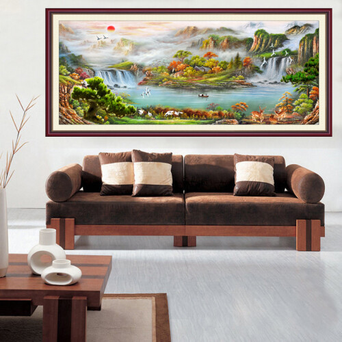 省心墙贴中式客厅装饰画办公室山水画风水靠山装饰画沙发背景墙画聚宝盆无框画自粘贴画 绿色聚宝盆125*60