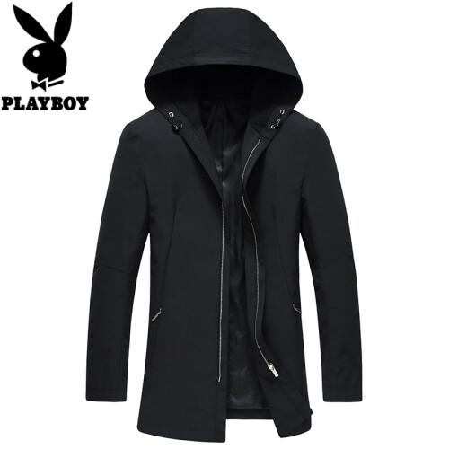 花花公子（PLAYBOY）夹克男 秋季新款男装修身休闲棒球衫连帽衣服短外套男 黑色丨经典款 185/2XL