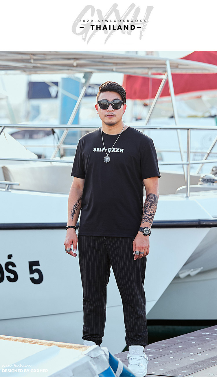 185 200斤男生的样子,180cm200斤男生体型图 坦野潮牌大码t恤男短袖宽松加肥加大半袖特大号体恤斤