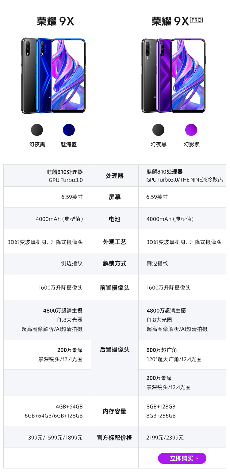 荣耀9x手机麒麟810通4000mah续航4800万超清夜拍659英寸升降全面屏