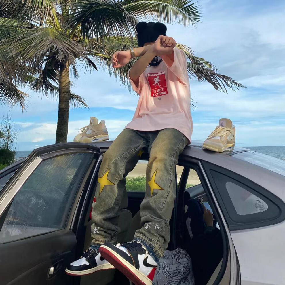 牛仔裤子男美式街头hiphop嘻哈欧美高街潮牌痞帅炸街星星直筒长裤深色