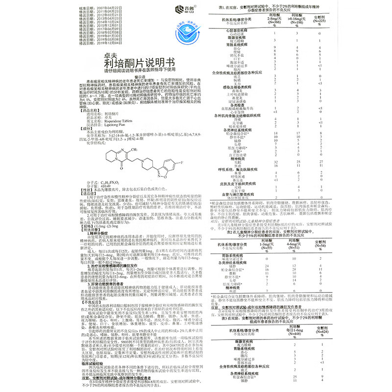 齐鲁 卓夫 利培酮片 1mg*30片/盒 rx说明书,齐鲁 卓夫 利培酮片 1mg*