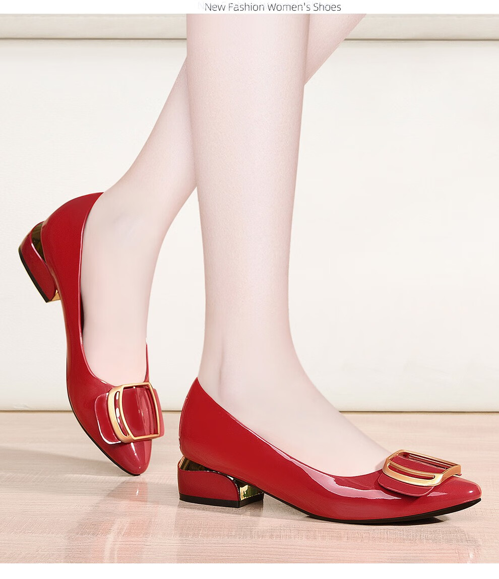 单鞋女2022春夏季新款红色女鞋子粗跟低跟女士小皮鞋婚娘鞋尖头平底鞋