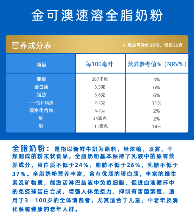 金可澳全脂奶粉多规格ozcow奶粉澳洲原装进口一杯好奶全脂成人儿童