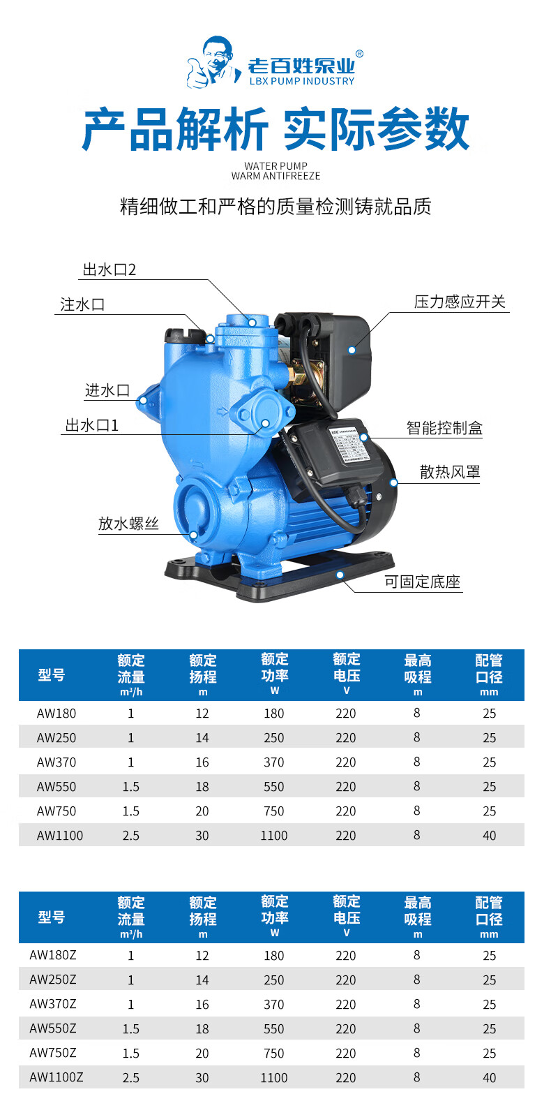 老百姓自吸泵双出水口家用全自动泵冷热水增压泵循环加压aw750f075kw
