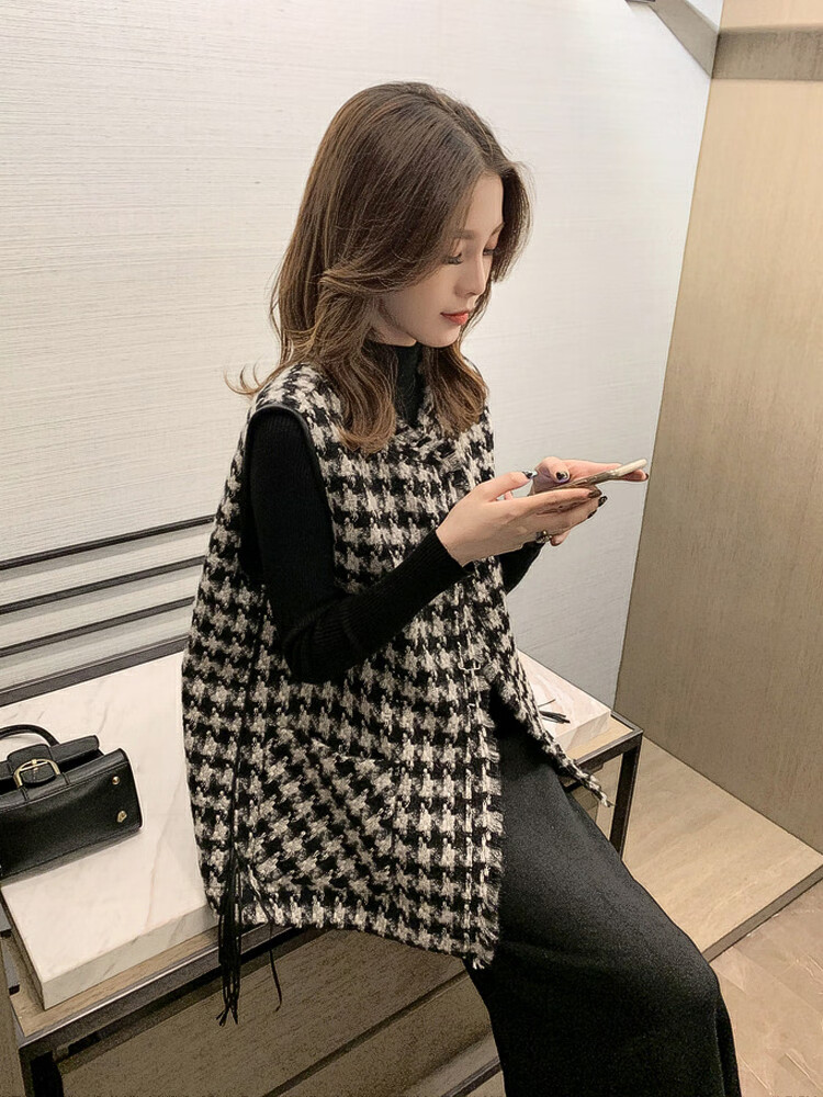 女士马甲春秋款外穿网红千鸟格子坎肩马夹无袖轻熟小香风背心外套