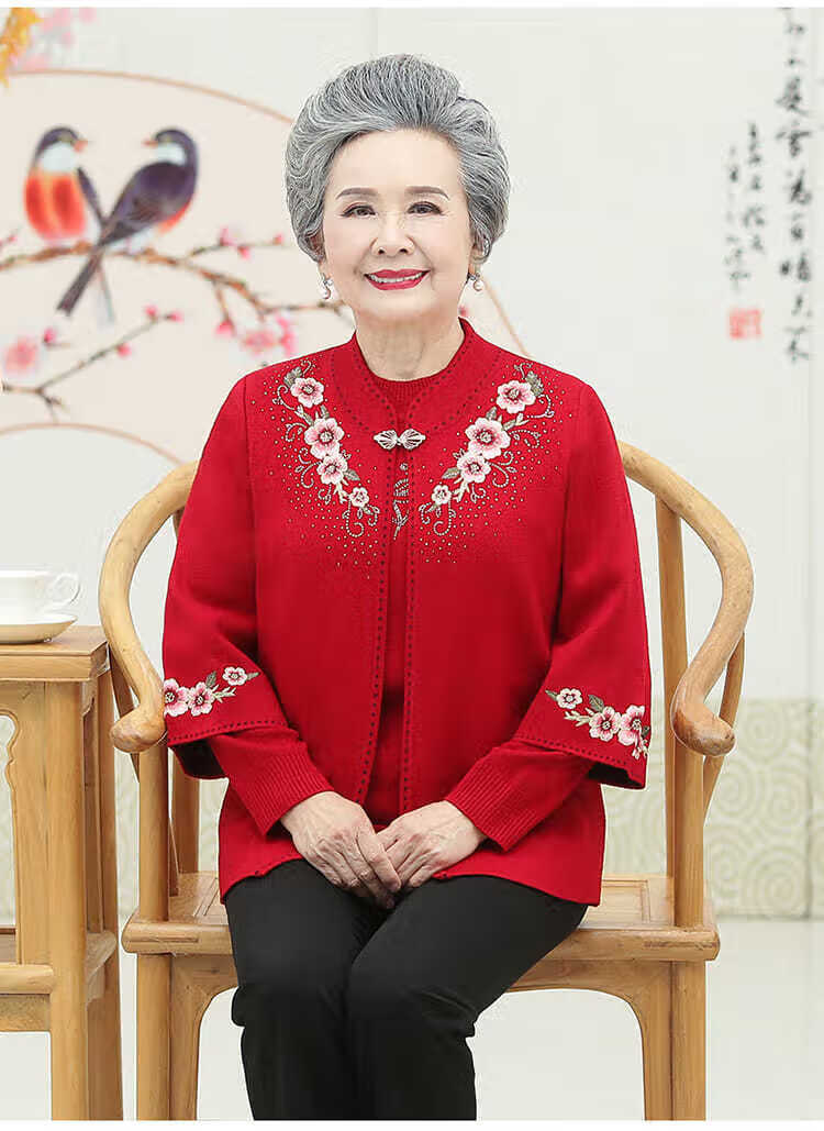 老年人秋装女两60岁70奶奶外套妈妈针织衫老太太套装老人衣服藏青xl