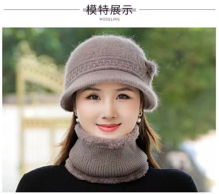 女士秋冬季妈妈防兔毛线针织帽老人帽奶奶保暖护耳棉帽2117深皮红帽子