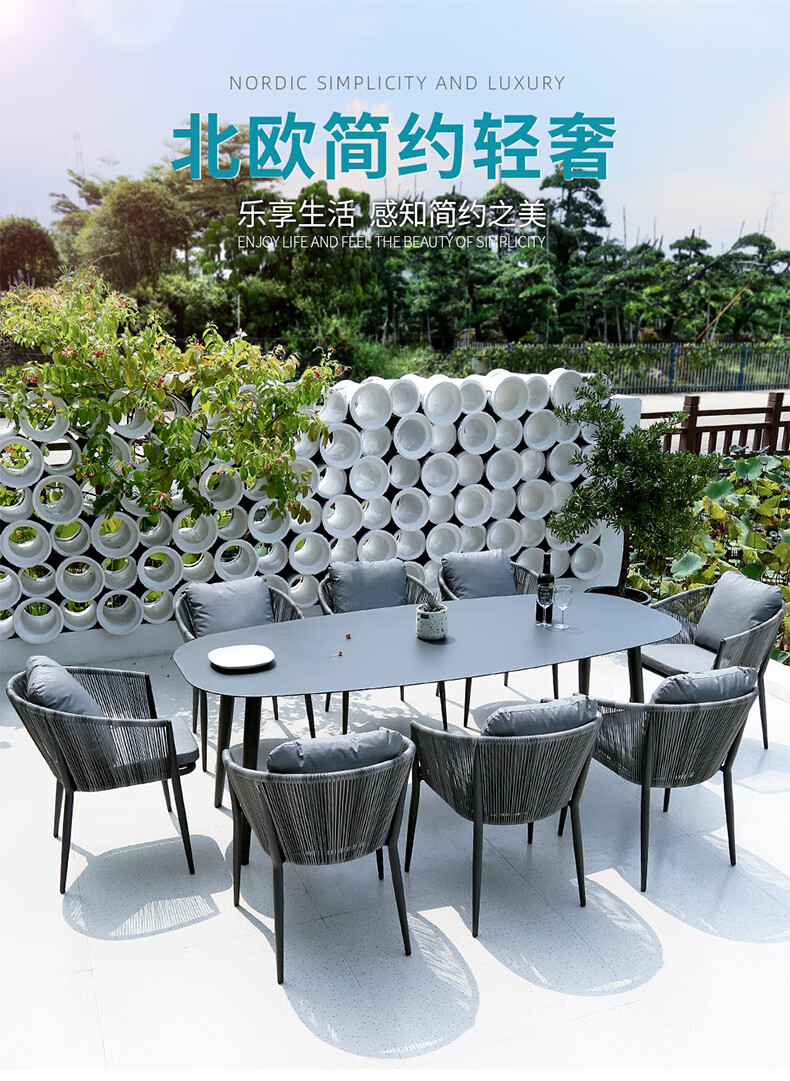 梵派（FAPOLITE）户外桌椅藤椅组合露天阳台室外别墅花园编藤休闲庭院欧式桌椅 6椅(配坐垫靠垫)+180*90里普铝合金椭圆长桌