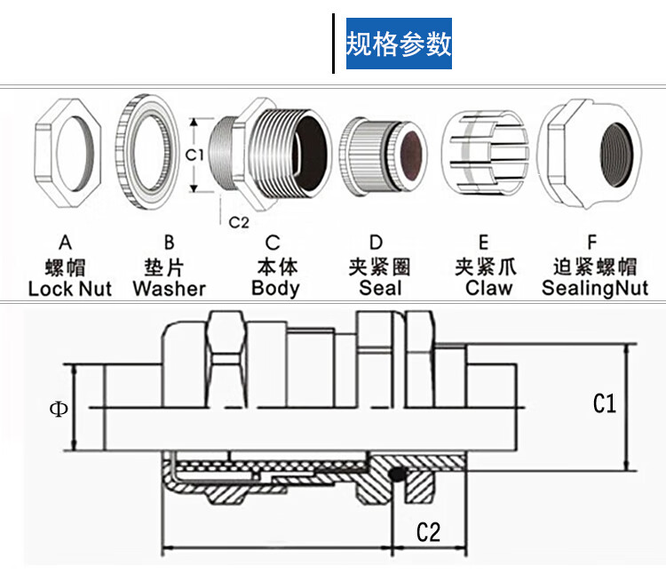 格兰头不锈钢电缆防水接头m12m16m20m25m32g1/2金属304密封 npt1/2(8