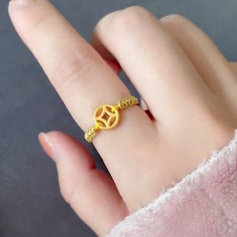 母亲节礼物老凤凰黄金铜钱戒指女999足金简约潮流时尚手工编织手饰品
