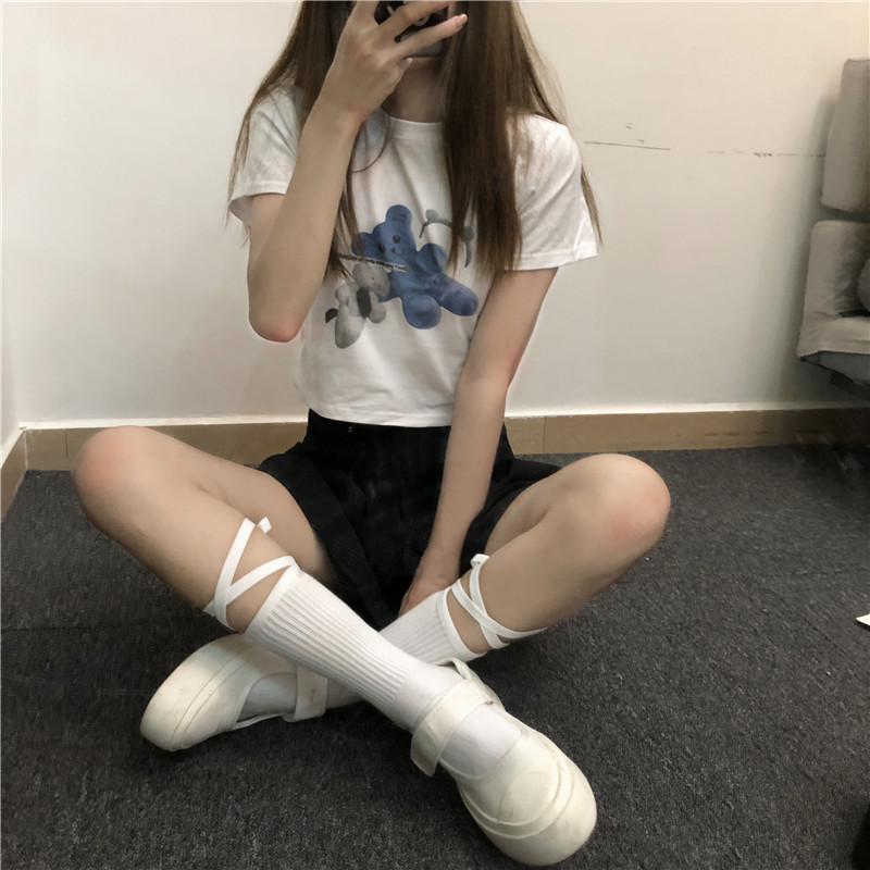 绑带袜子交叉黑色春秋ins潮jk洛丽塔网红街头系带中筒日系小腿袜白色