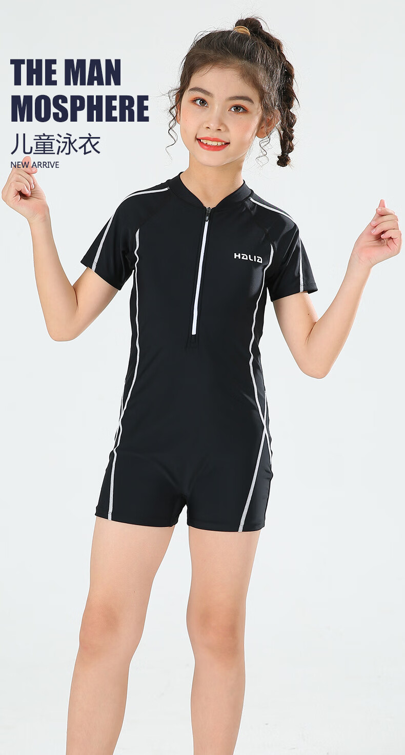 新款女童泳衣学生少女防晒速干游泳服小中大童儿童连体泳装h739黑色12