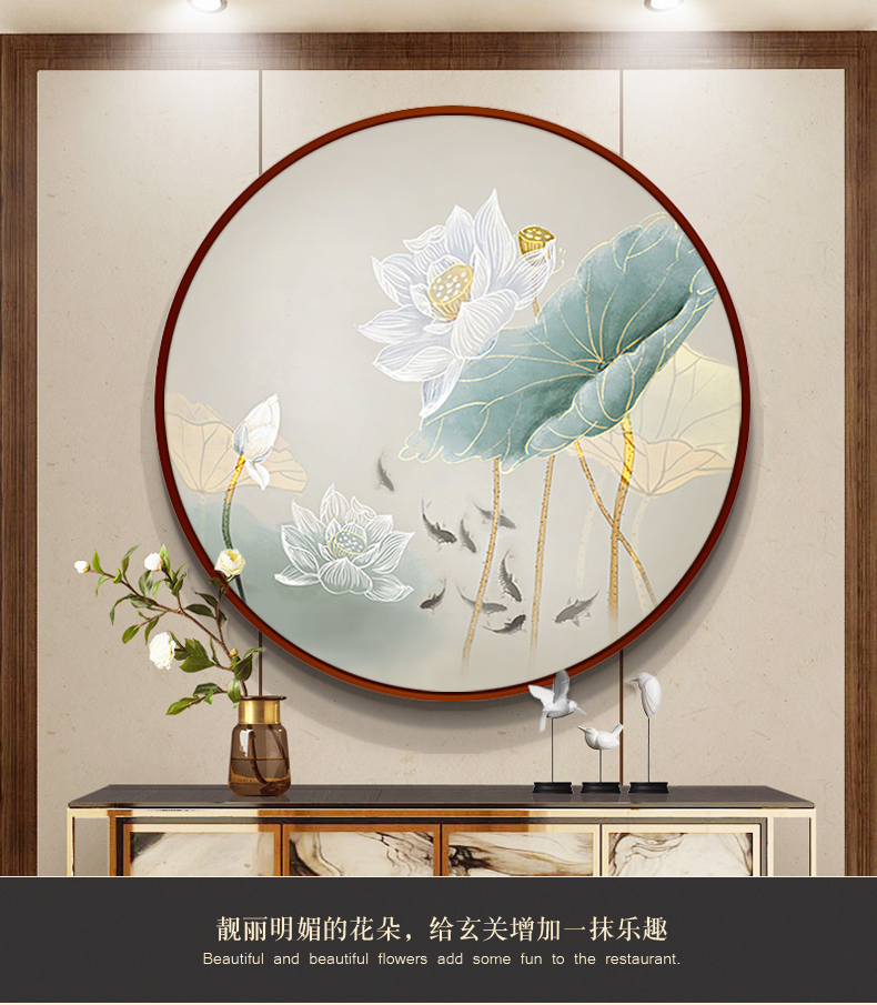 麦子辛圆形玄关画手绘油画现代客厅餐厅饰画新中式圆形画玄关饰画荷花