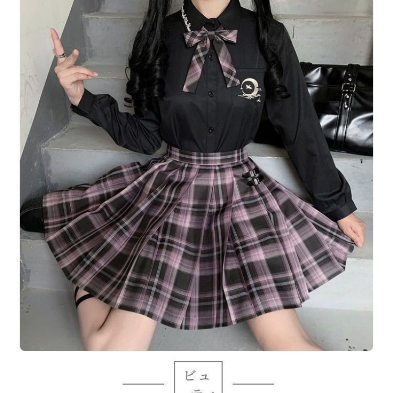 婍妡jk制服 格裙套装全套少女学生百褶裙短裙 极夜之歌 黑短刺绣 领结