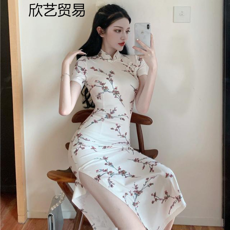 夏季梅花少女印花短袖高开叉旗袍改良长款连衣裙愉贵妃浅杏色俩边开叉