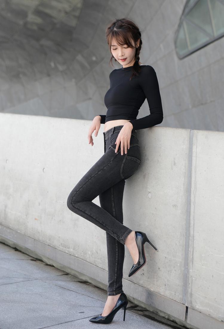 低腰高弹牛仔女裤秋季薄款蜜桃提臀女性感紧身显瘦弹力中低腰深蓝色xl