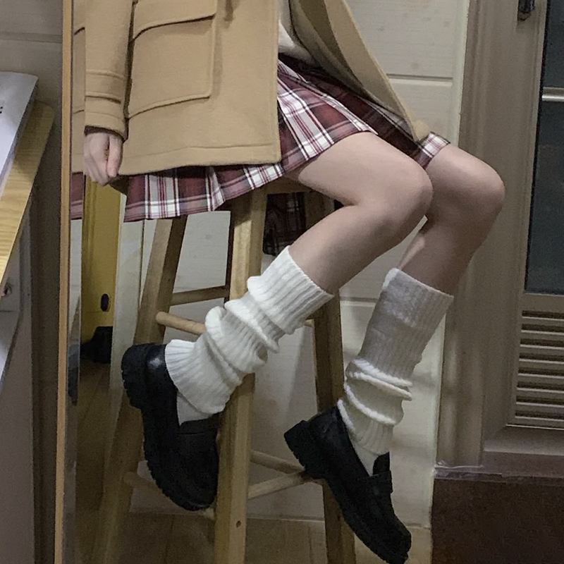 宾悉纯色针织袜套jk日系白色袜子女小腿套韩版堆堆袜lolita原宿风长筒