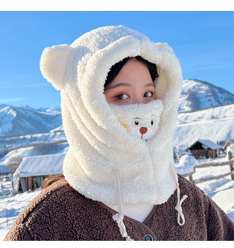 娇媚芙娇媚芙风雪帽小熊刺绣防风帽子围巾一体头套冬天女高颜值冬季