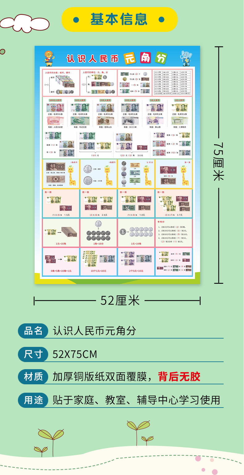 元角分换算挂图一二年级认识人民币专项训练挂图小学生元角分换算表