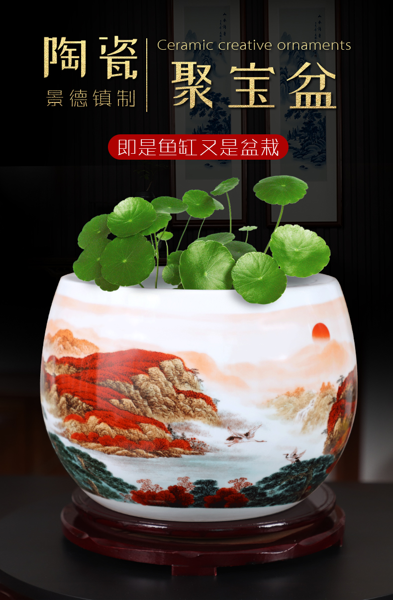 豪金门高档手绘聚宝盆陶瓷鸿运当头聚宝盆收纳盒景德镇陶瓷手绘花瓶
