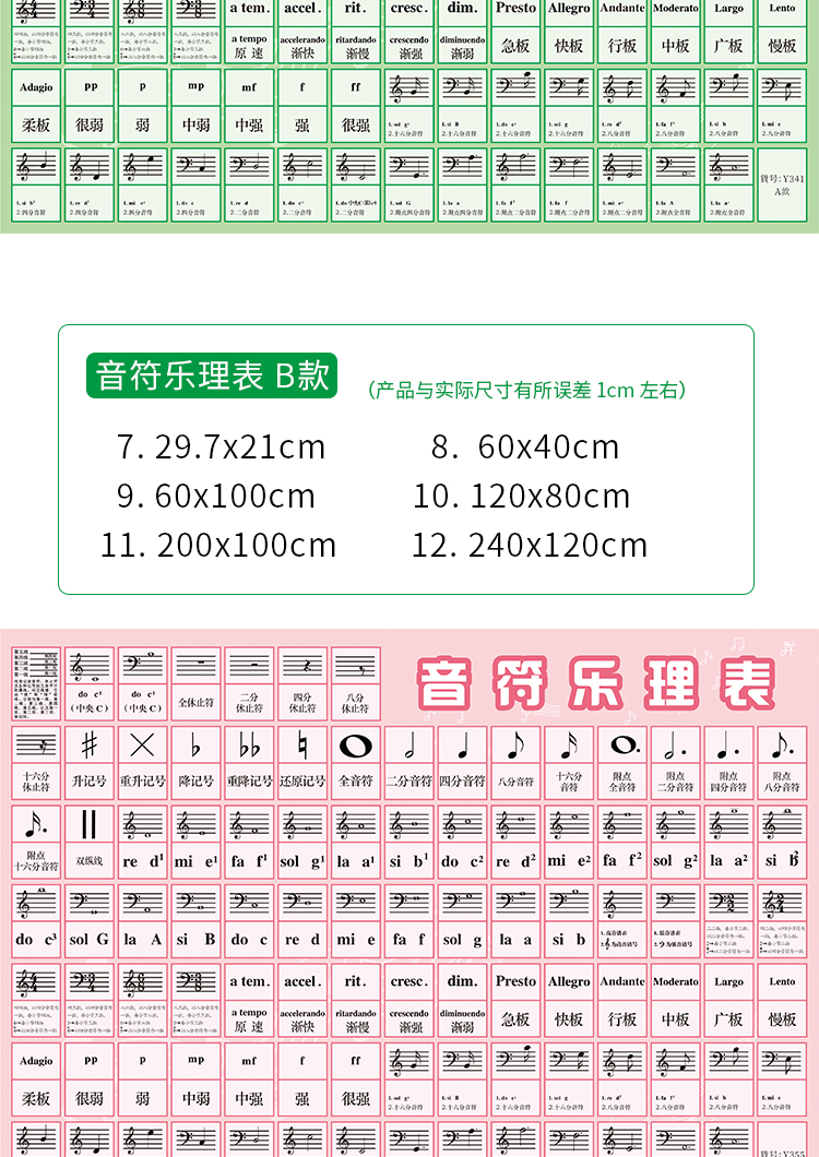 大谱表与钢琴键盘对照表88键音符乐理表钢琴键盘对照表挂图贴画初学者