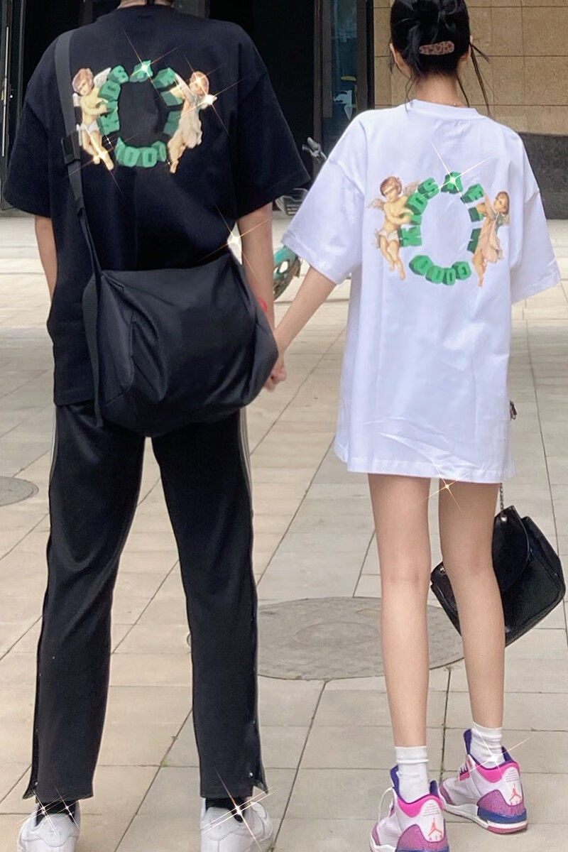 马思唯afgk潮牌黑白天使logo宽松嘻哈圆领男女情侣装短袖t恤潮黑色s80