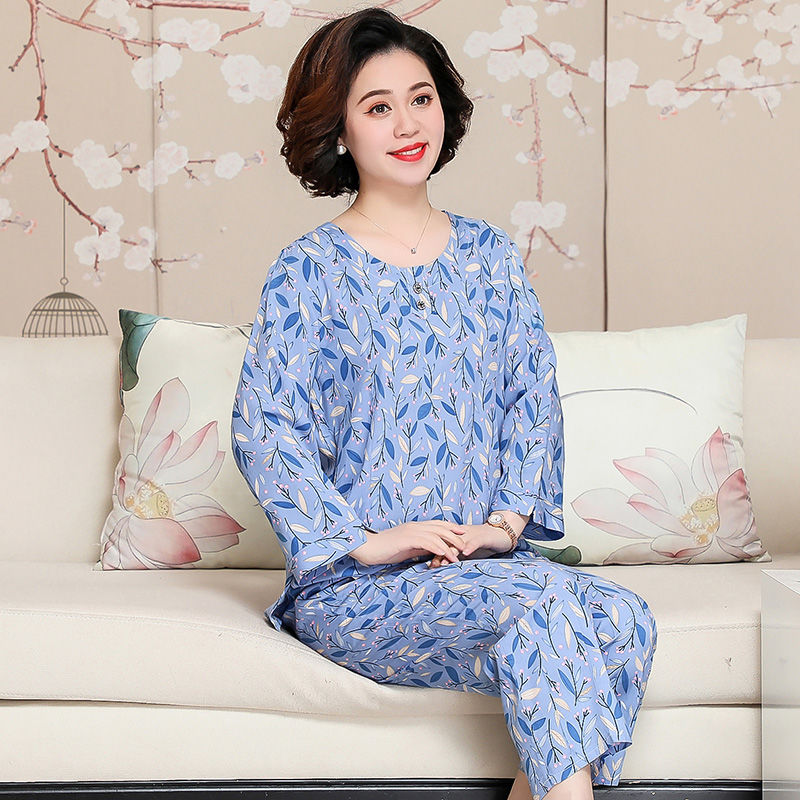 雅旗依女士棉绸套装夏季薄款中老年绵绸可外穿人造棉衣服九分袖家居服