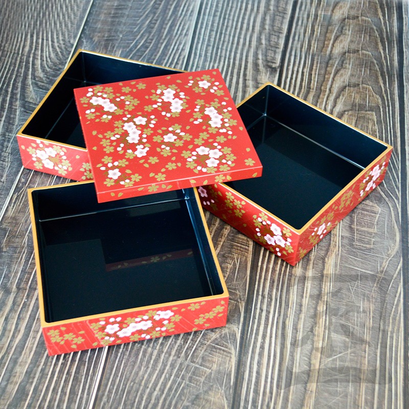 樱花寿司盒便当盒三层年饭盒点心盒礼盒中号富士山三层十字切丁字切