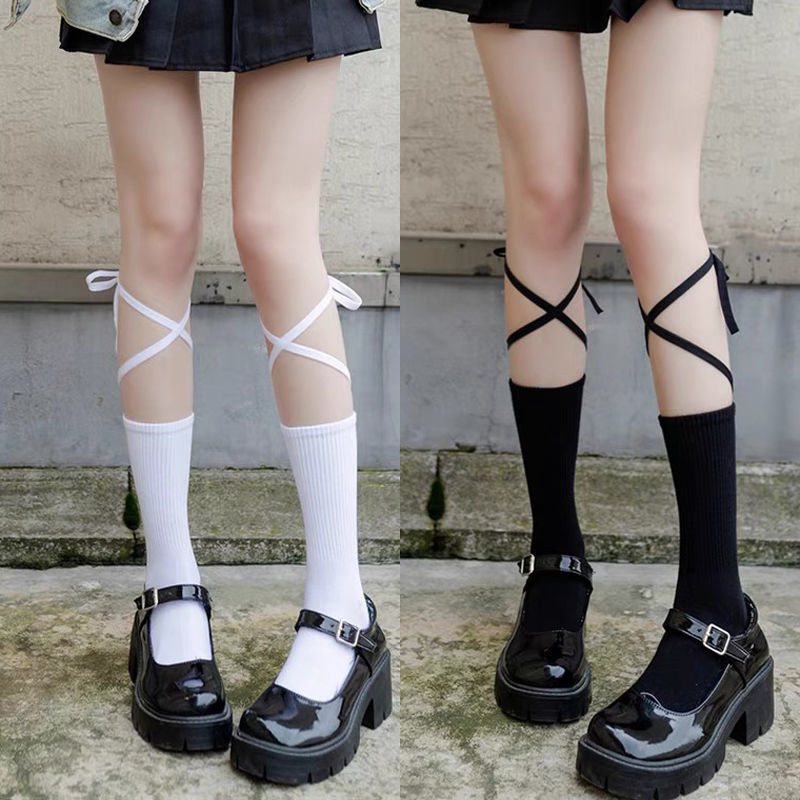 依迪筱日系jk绑带袜子女交叉小腿袜中筒棉袜绑腿袜夏秋lolita软妹学院