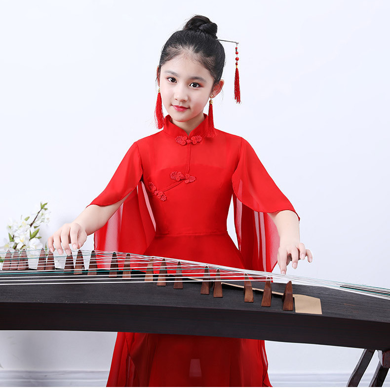 诗迪仕古筝表演服装女童儿童汉服合唱服礼服古装长款裙女童中大童钢琴