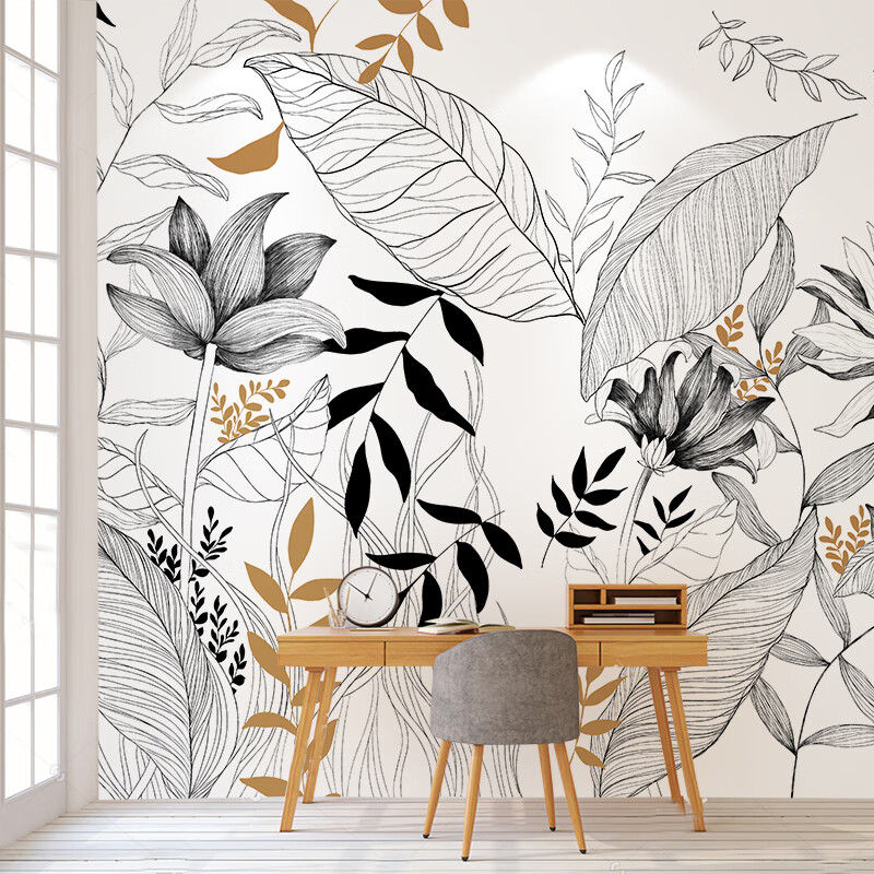 热带雨林壁纸法式抽象线描热带雨林植物壁画客厅餐厅背景墙纸定制民宿