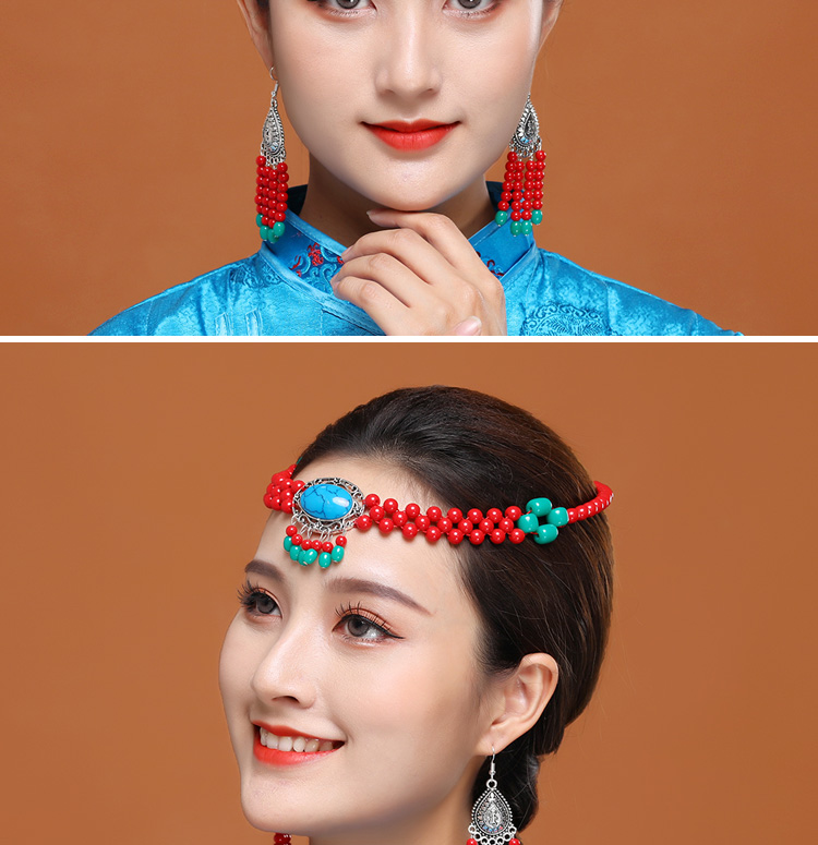 藏族头饰蒙古族舞蹈演出耳环女士手工串珠珠民族舞蹈发饰蒙古服装配饰