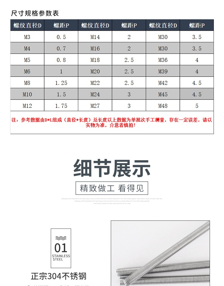 304/201不锈钢丝杆螺杆牙条全螺纹杆通丝螺丝杆m4m5m6m8m10m12m16 m6*