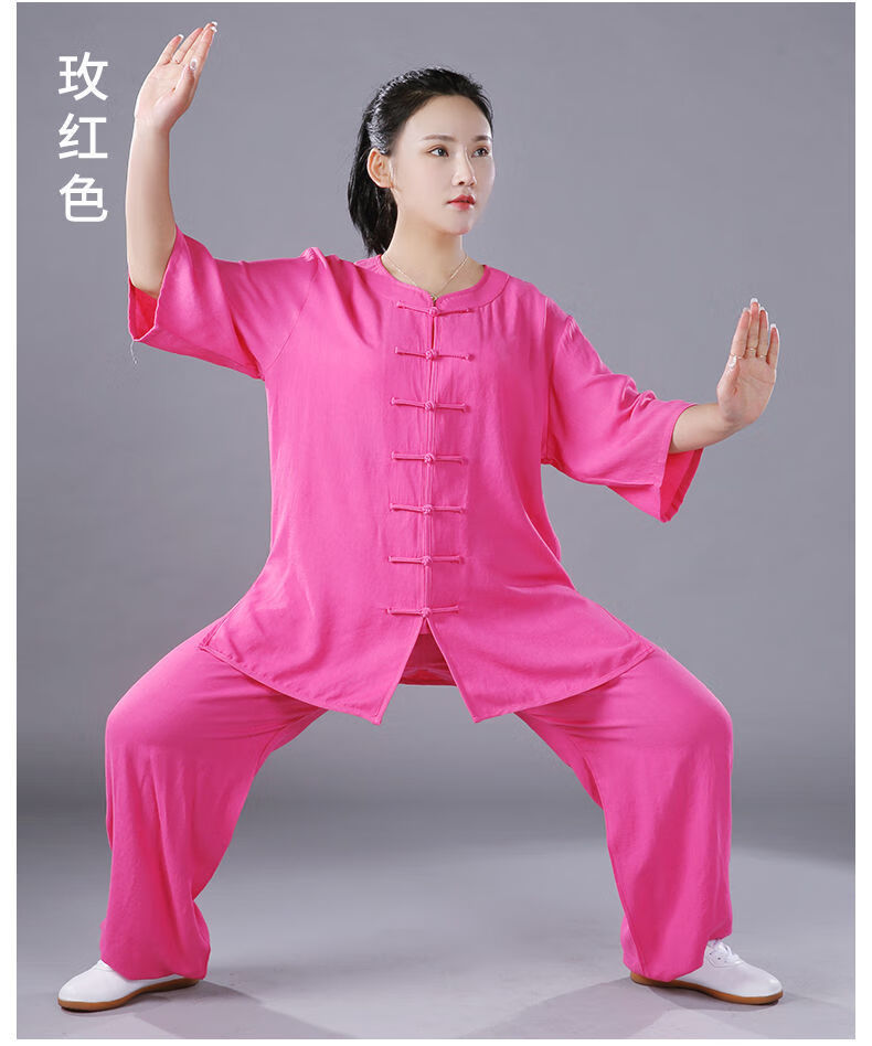 高档太极服女夏季棉麻太极服女中袖棉亚麻圆领短袖武术服太极拳男女