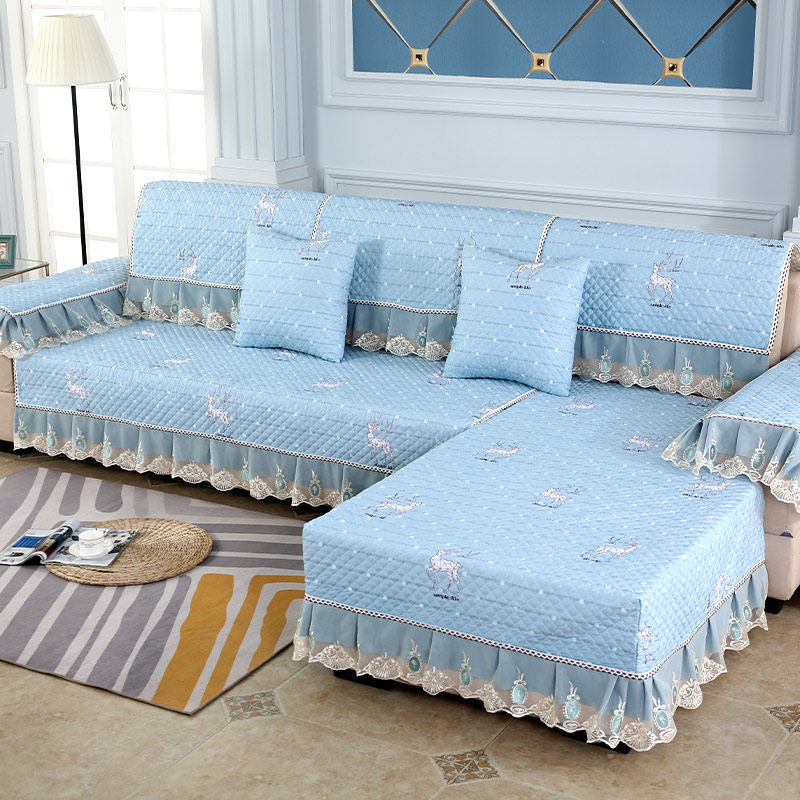 四季通用欧式沙发套罩防滑沙发垫全包布艺套盖布一套组合定做 芳华蓝